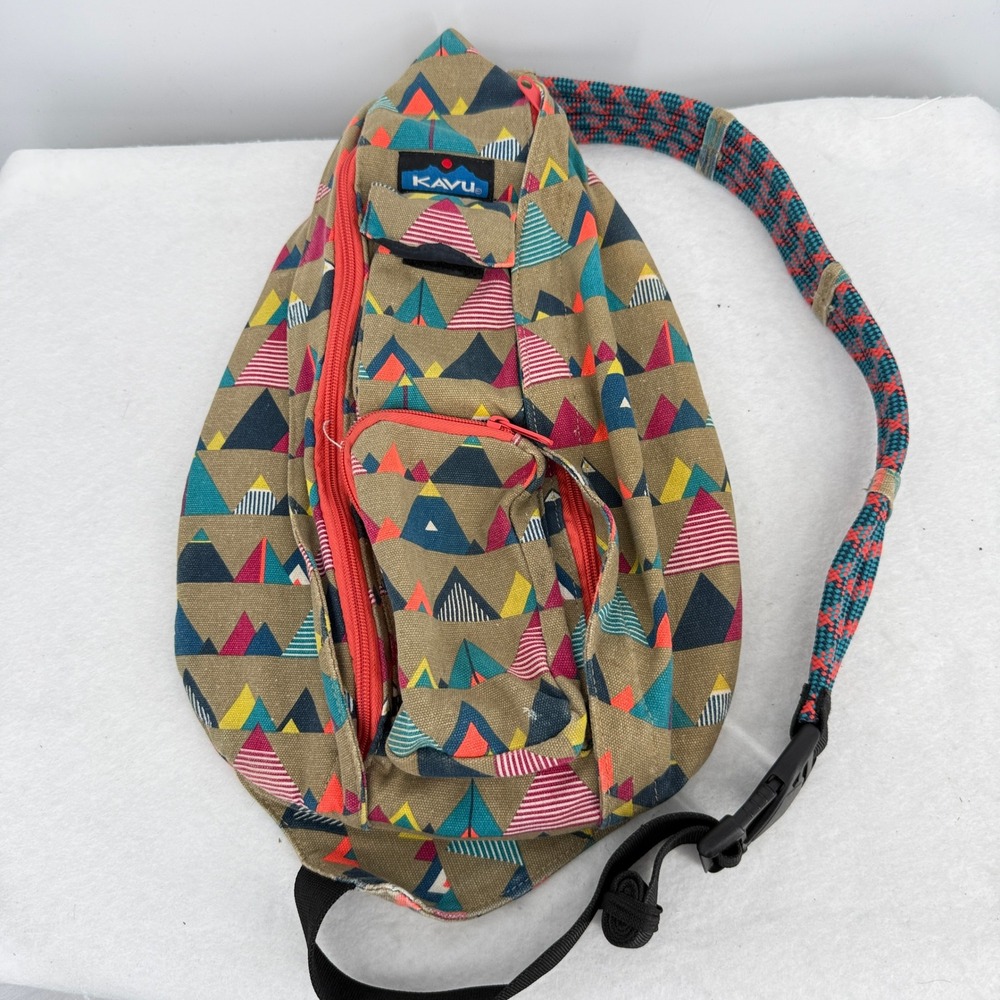 KAVU Rope Bag Canvas Sling Backpack Khaki Mountain Geometric Print Multi Color